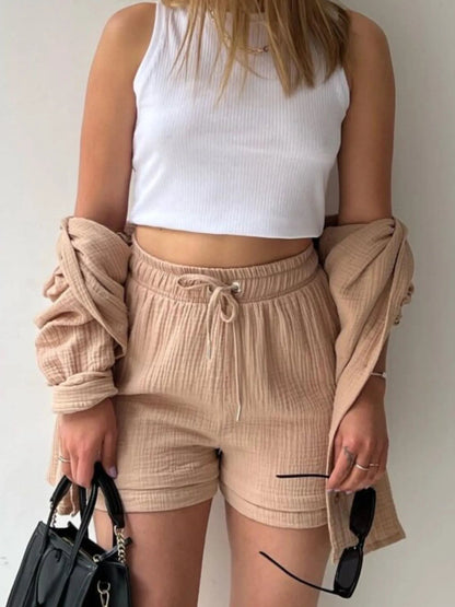Textured Button Up Shirt and Shorts Set - Goddess Vibes