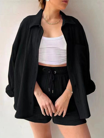 Textured Button Up Shirt and Shorts Set - Goddess Vibes