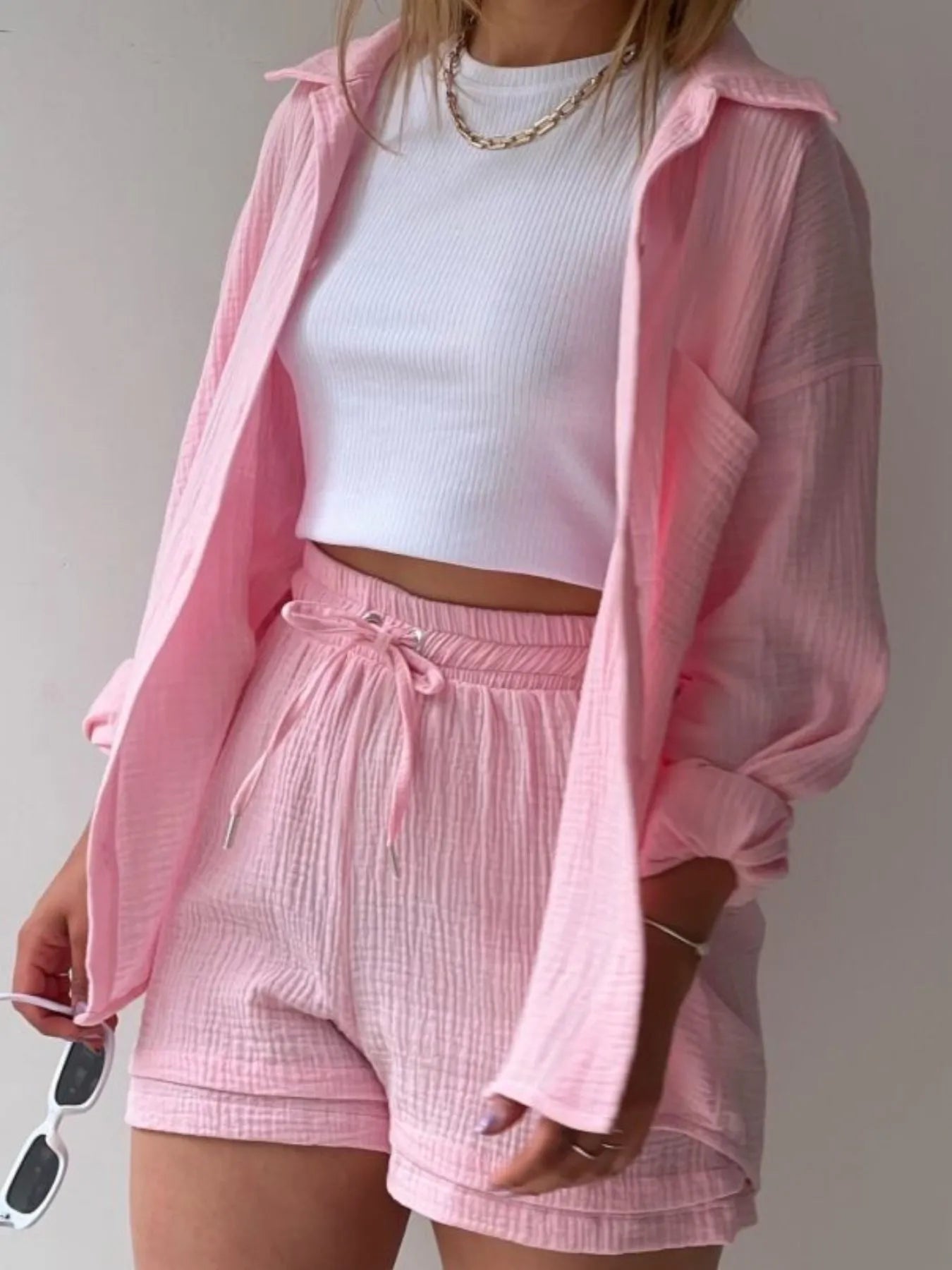 Textured Button Up Shirt and Shorts Set - Goddess Vibes