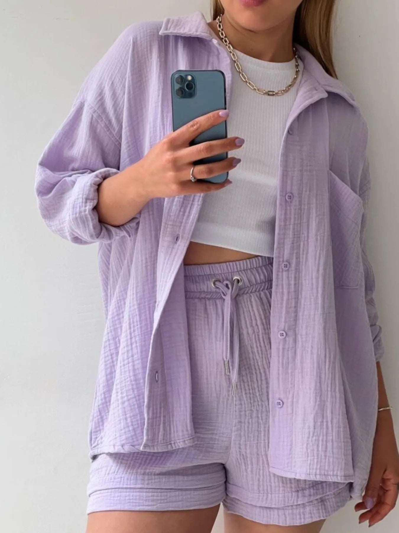 Textured Button Up Shirt and Shorts Set - Goddess Vibes