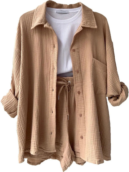 Textured Button Up Shirt and Shorts Set - Goddess Vibes