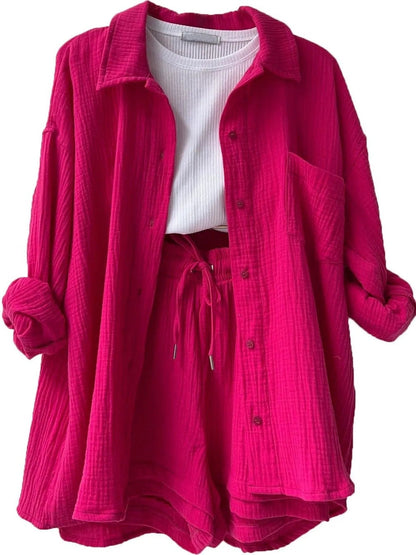 Textured Button Up Shirt and Shorts Set - Goddess Vibes