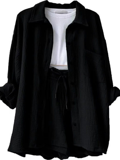 Textured Button Up Shirt and Shorts Set - Goddess Vibes