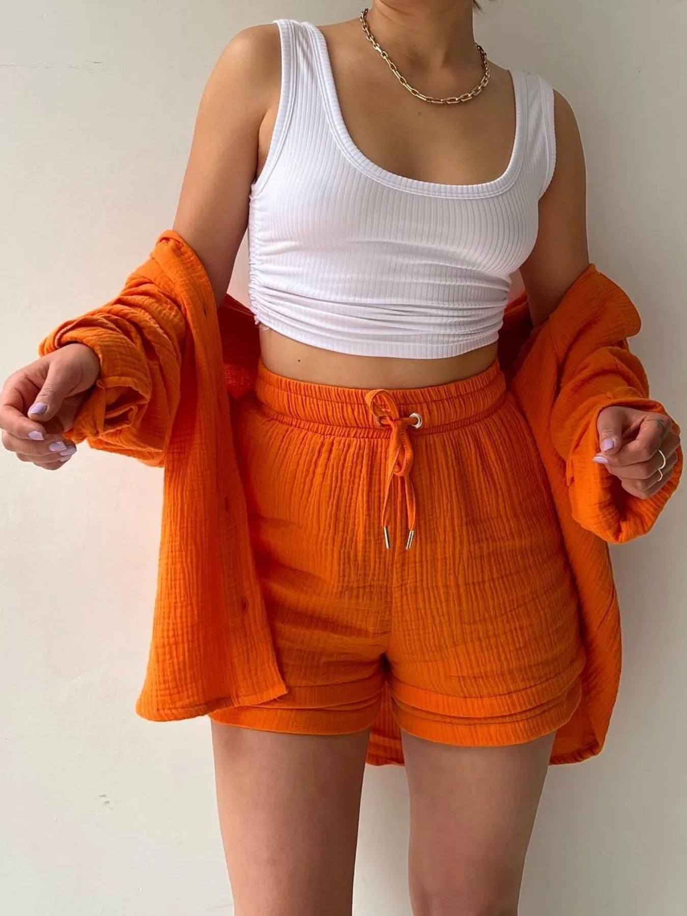 Textured Button Up Shirt and Shorts Set - Goddess Vibes