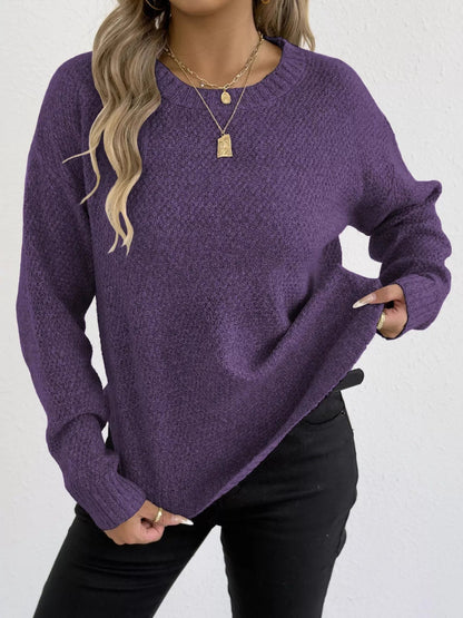 Textured Knit Relaxed Fit Round Neck Sweater - Goddess Vibes