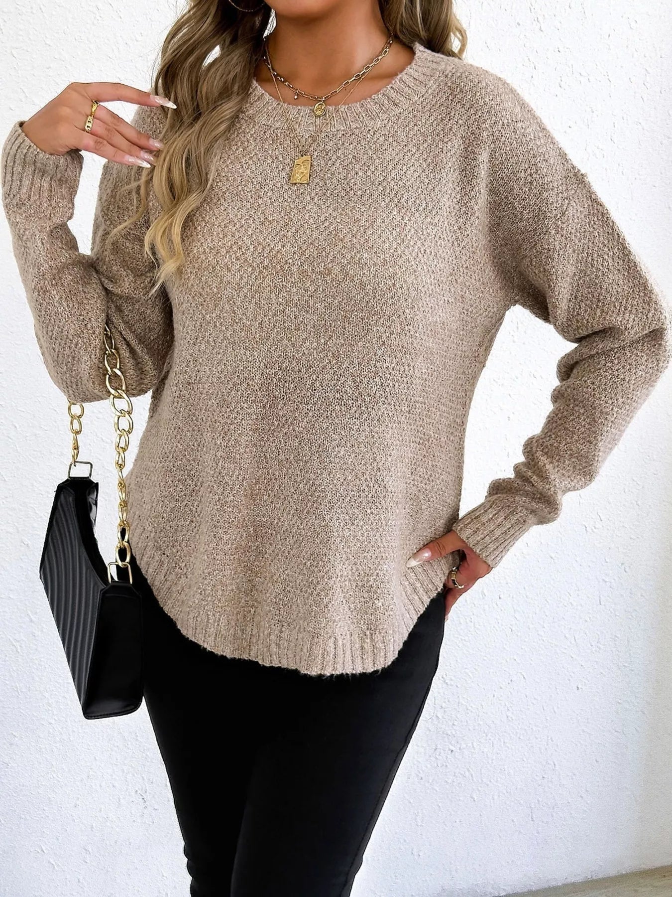 Textured Knit Relaxed Fit Round Neck Sweater - Goddess Vibes