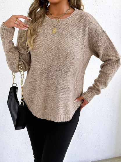 Textured Knit Relaxed Fit Round Neck Sweater - Goddess Vibes