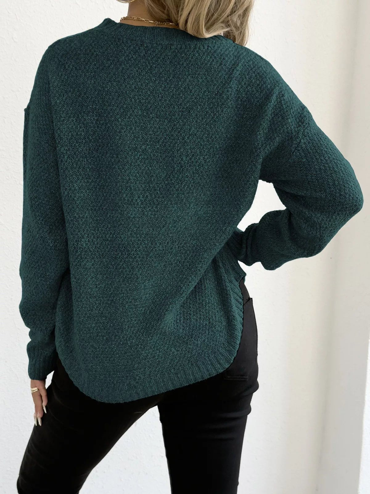 Textured Knit Relaxed Fit Round Neck Sweater - Goddess Vibes
