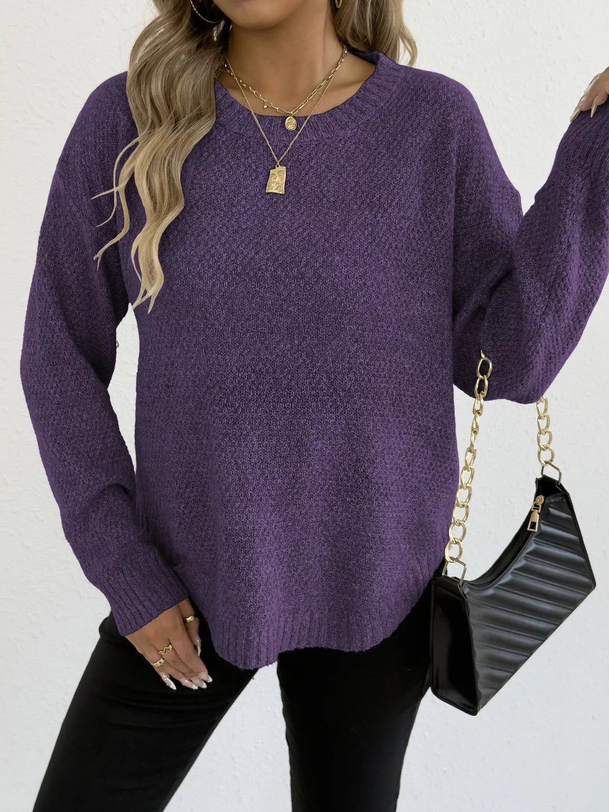 Textured Knit Relaxed Fit Round Neck Sweater - Goddess Vibes