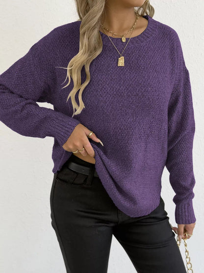 Textured Knit Relaxed Fit Round Neck Sweater - Goddess Vibes