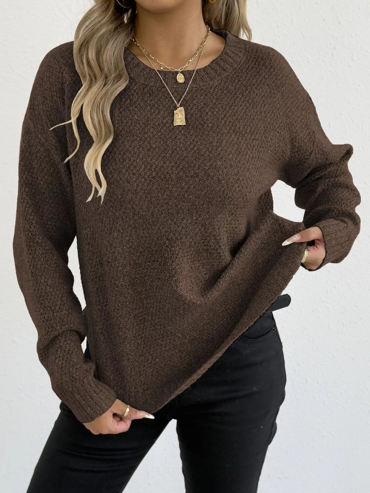 Textured Knit Relaxed Fit Round Neck Sweater - Goddess Vibes