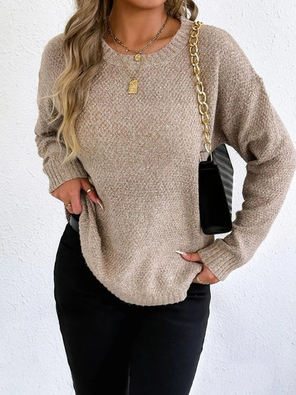 Textured Knit Relaxed Fit Round Neck Sweater - Goddess Vibes