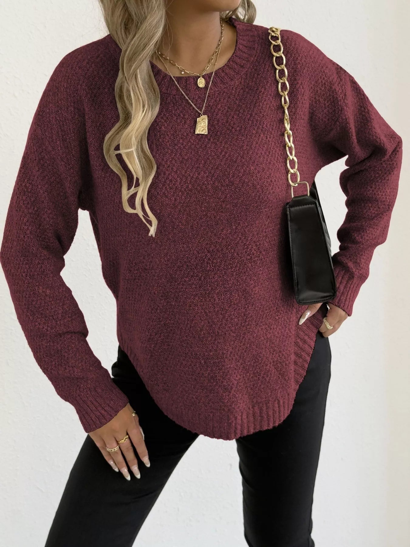 Textured Knit Relaxed Fit Round Neck Sweater - Goddess Vibes