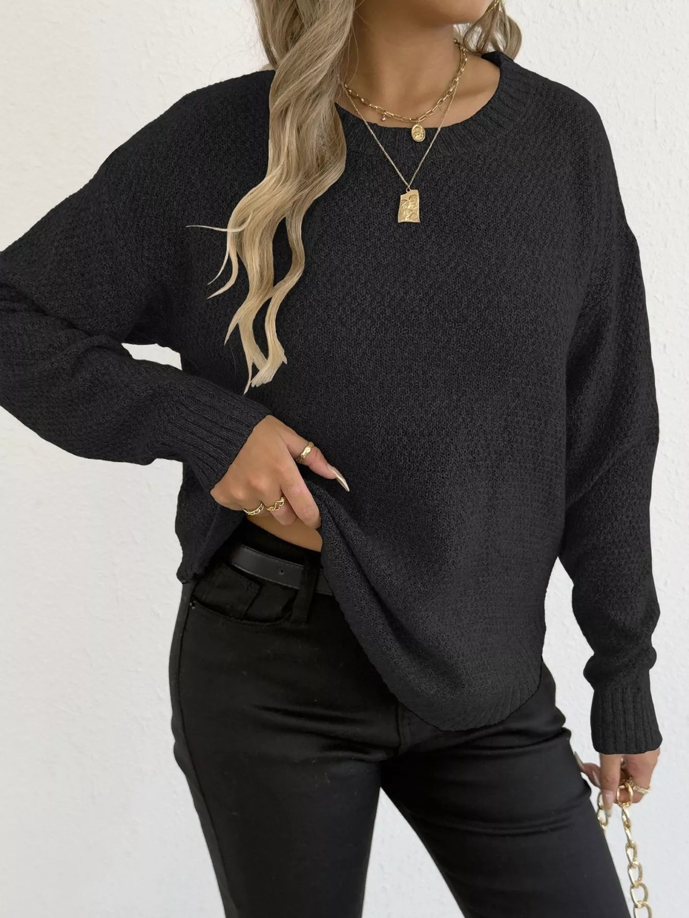 Textured Knit Relaxed Fit Round Neck Sweater - Goddess Vibes