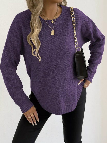 Textured Knit Relaxed Fit Round Neck Sweater - Goddess Vibes