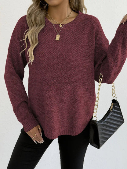Textured Knit Relaxed Fit Round Neck Sweater - Goddess Vibes