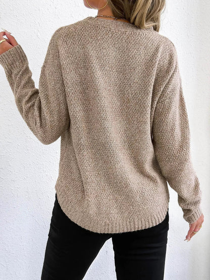 Textured Knit Relaxed Fit Round Neck Sweater - Goddess Vibes