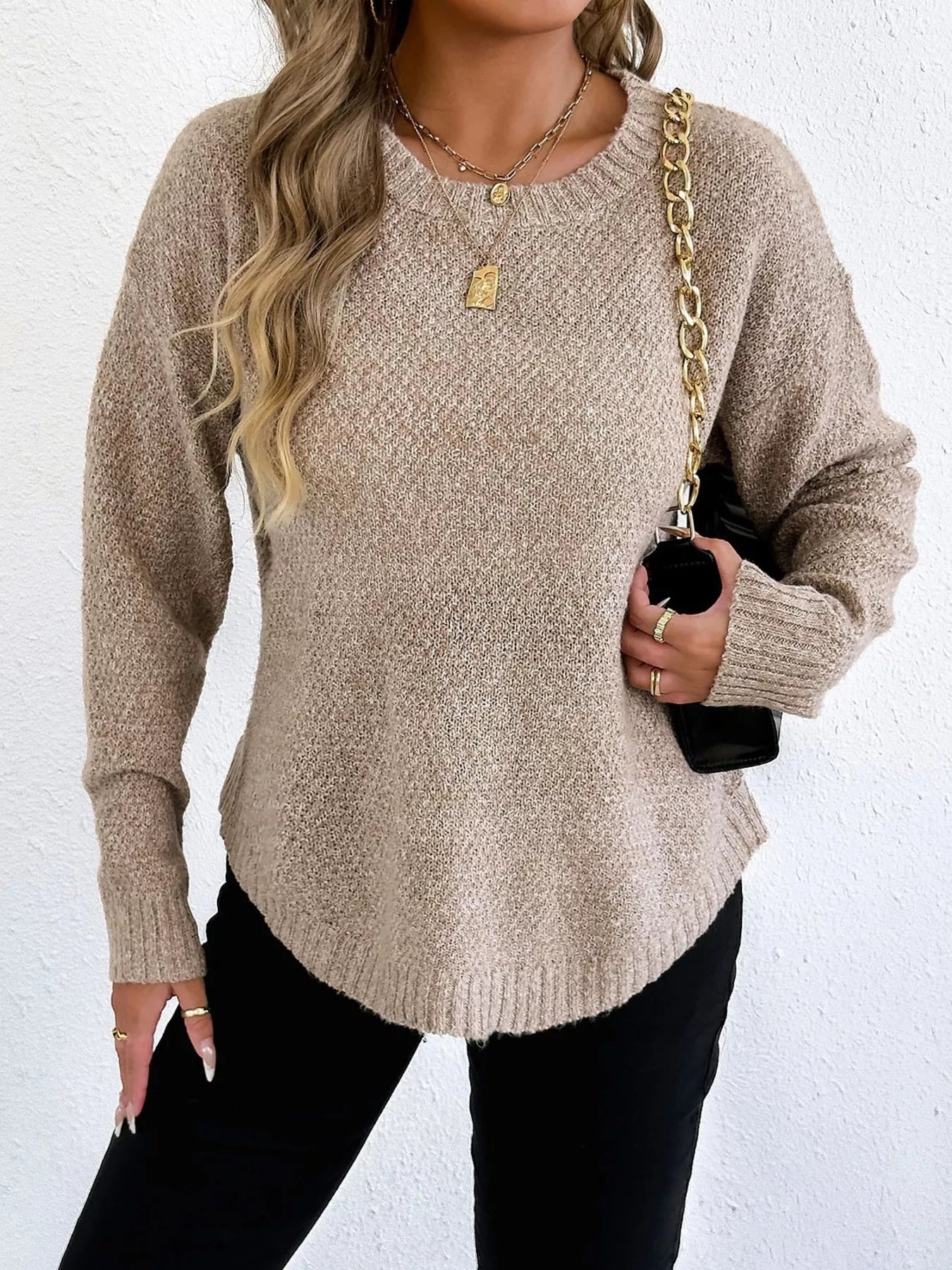 Textured Knit Relaxed Fit Round Neck Sweater - Goddess Vibes