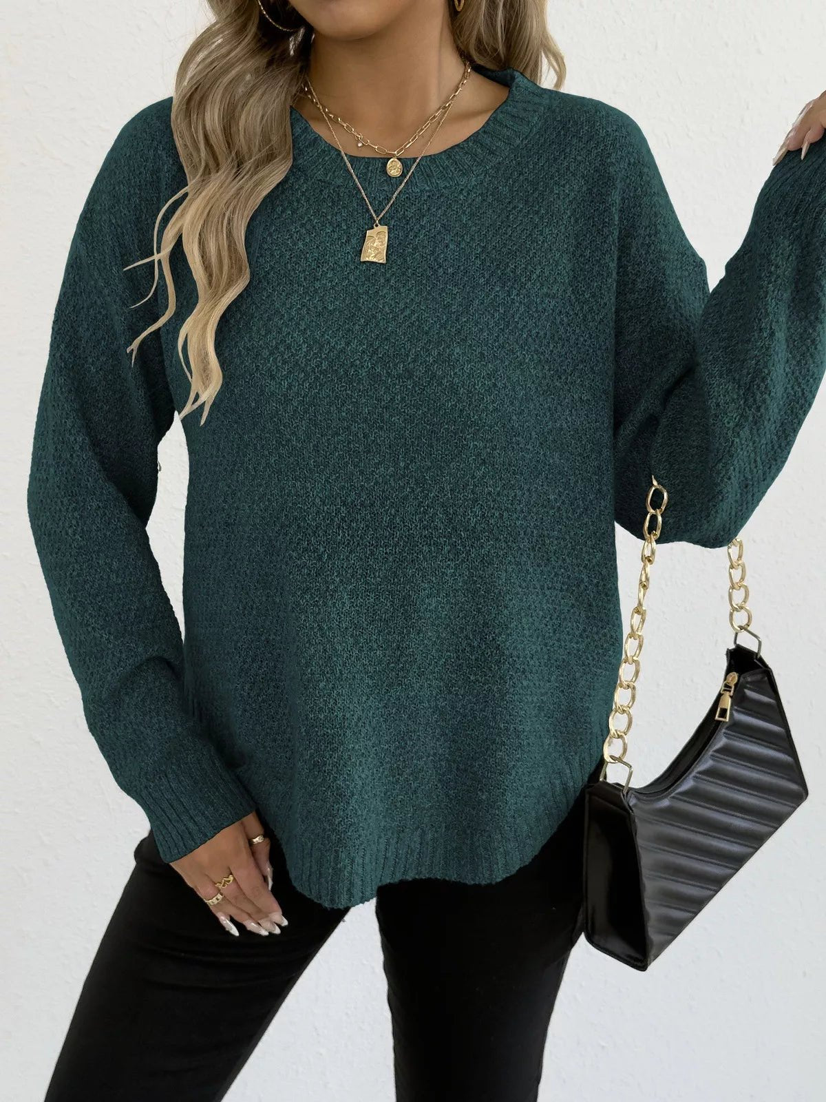 Textured Knit Relaxed Fit Round Neck Sweater - Goddess Vibes