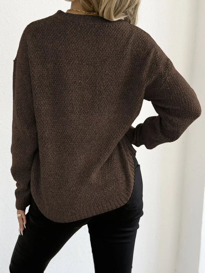Textured Knit Relaxed Fit Round Neck Sweater - Goddess Vibes