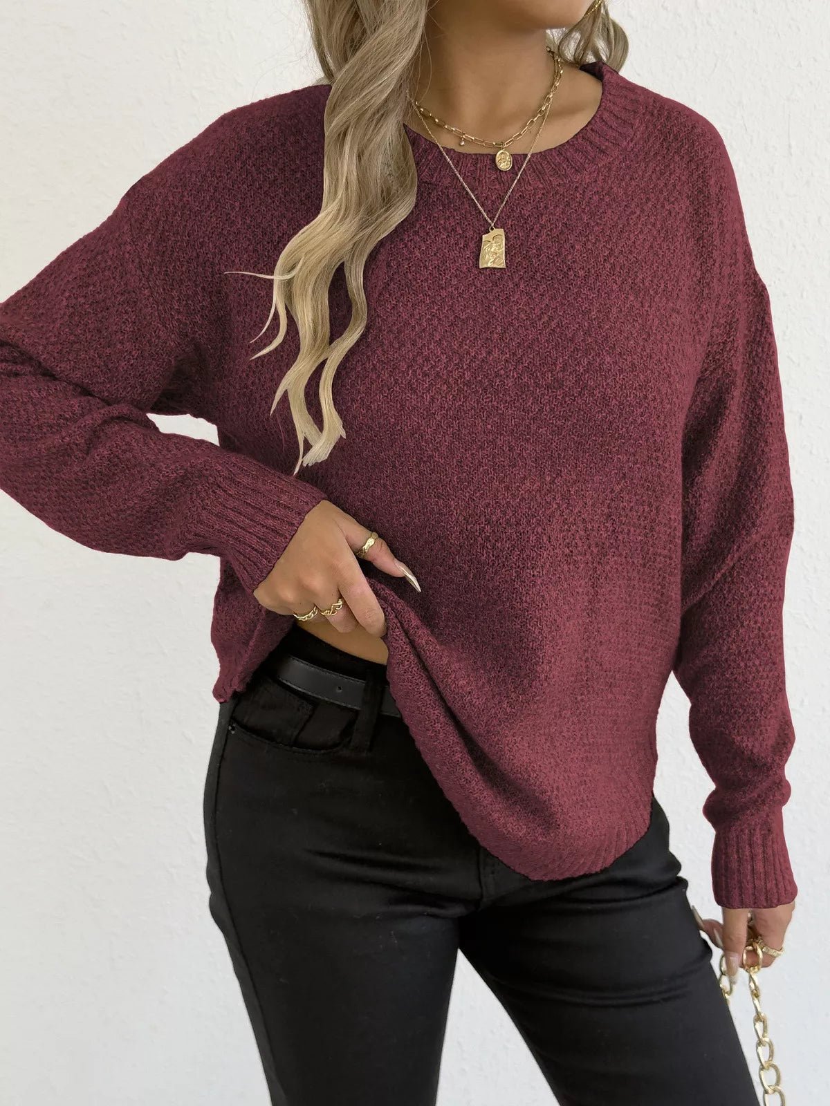 Textured Knit Relaxed Fit Round Neck Sweater - Goddess Vibes