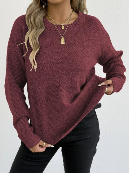 Textured Knit Relaxed Fit Round Neck Sweater - Goddess Vibes