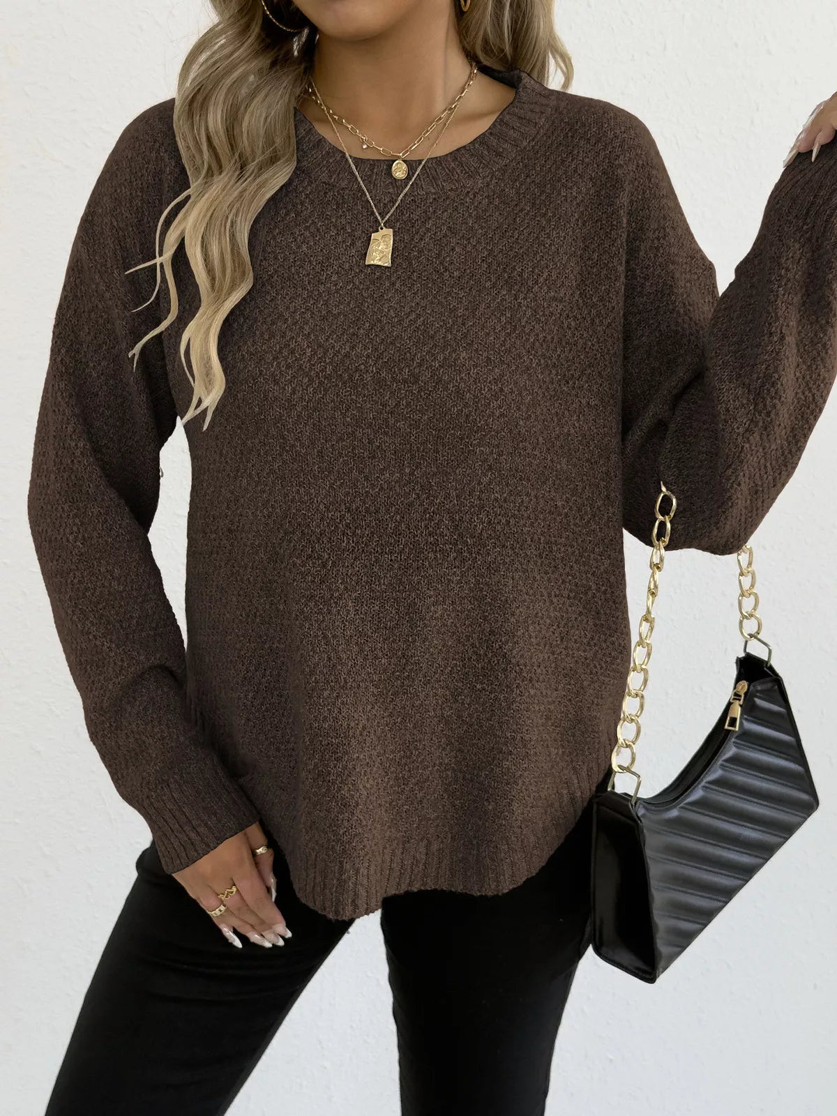 Textured Knit Relaxed Fit Round Neck Sweater - Goddess Vibes