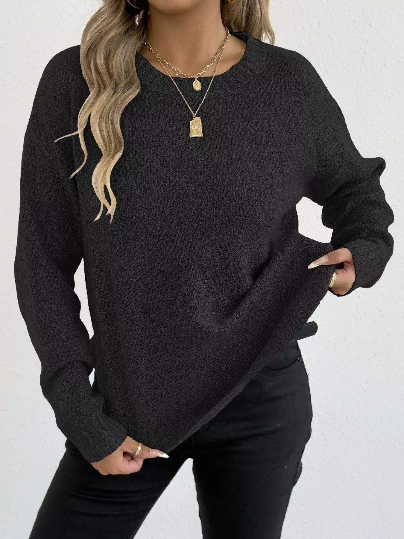 Textured Knit Relaxed Fit Round Neck Sweater - Goddess Vibes