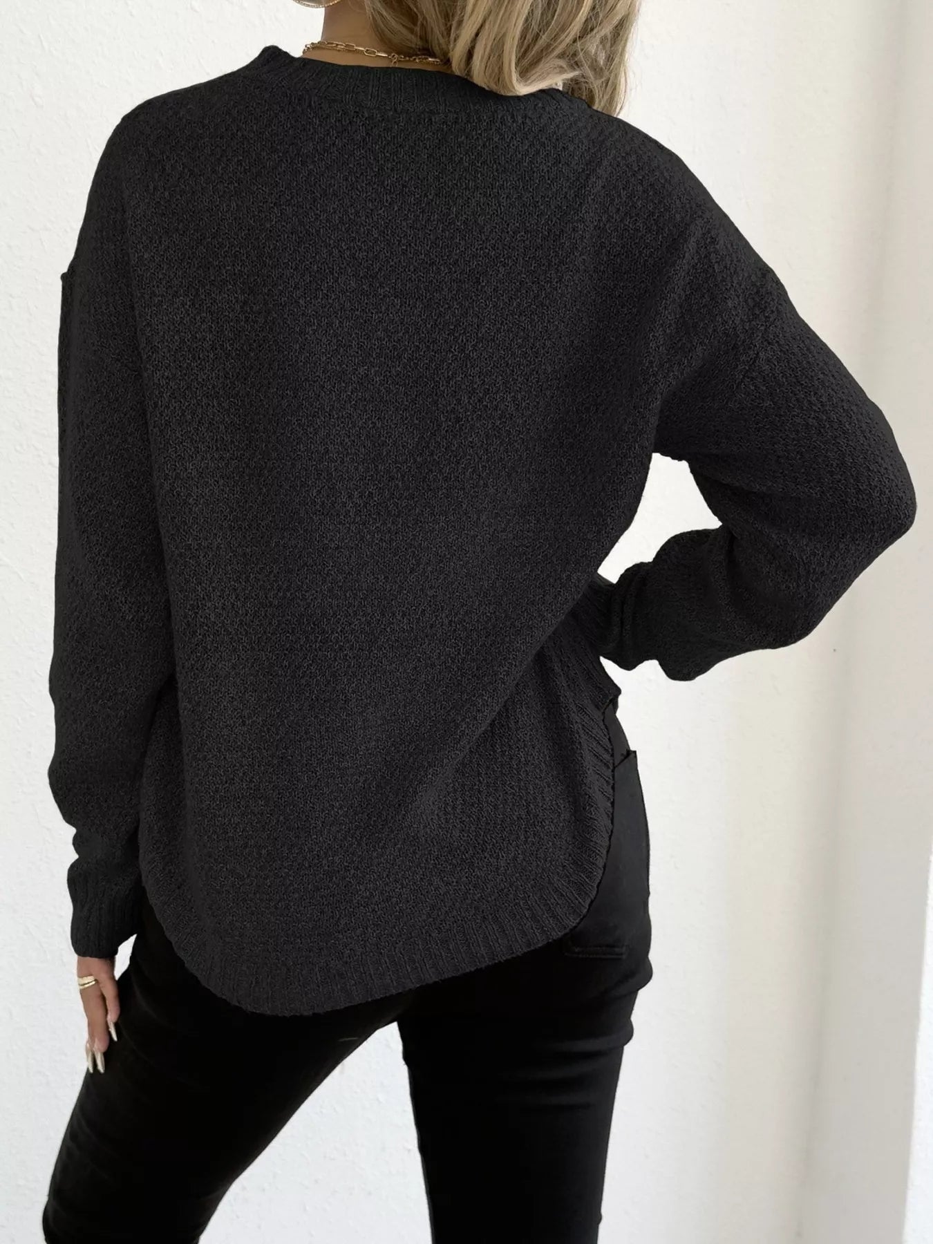 Textured Knit Relaxed Fit Round Neck Sweater - Goddess Vibes
