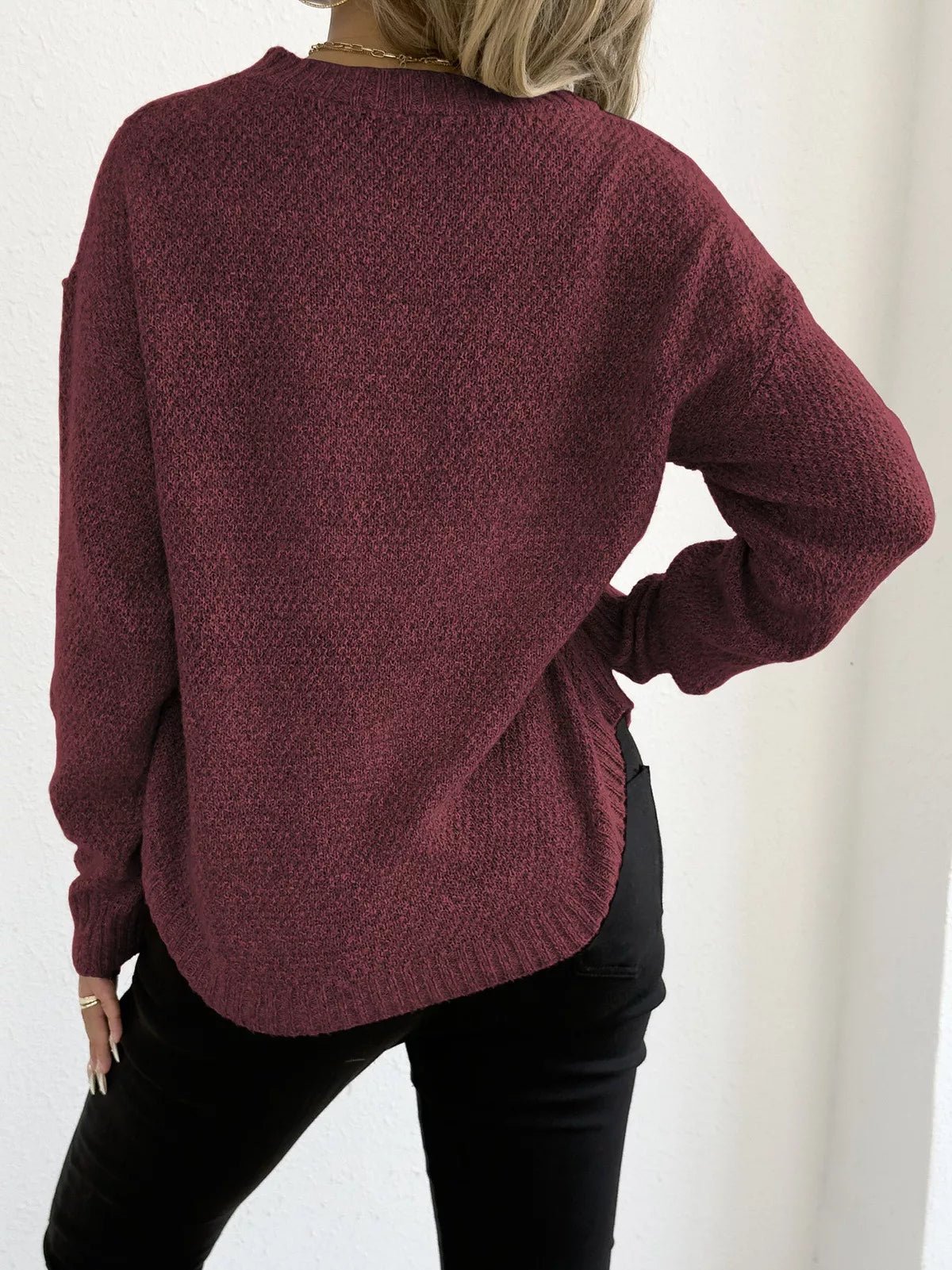 Textured Knit Relaxed Fit Round Neck Sweater - Goddess Vibes