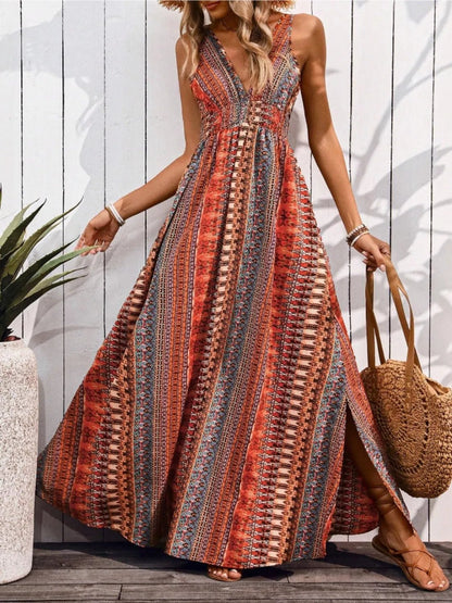 Tied Back Printed Sleeveless Maxi Slit Dress - Goddess Vibes