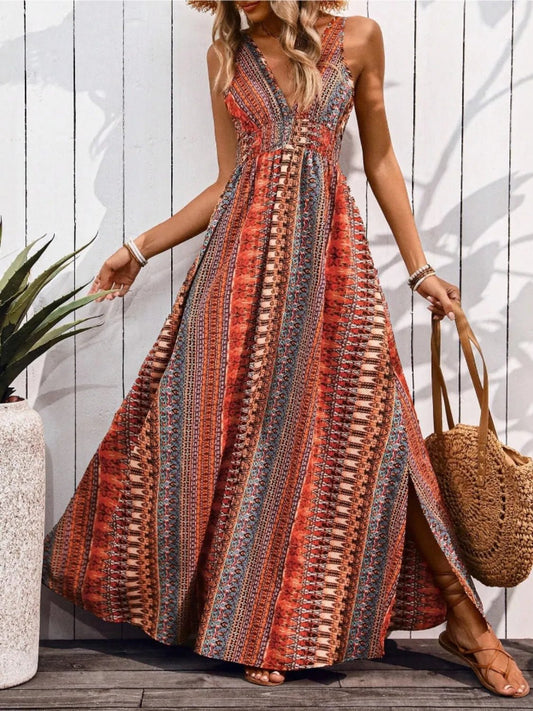 Tied Back Printed Sleeveless Maxi Slit Dress - Goddess Vibes