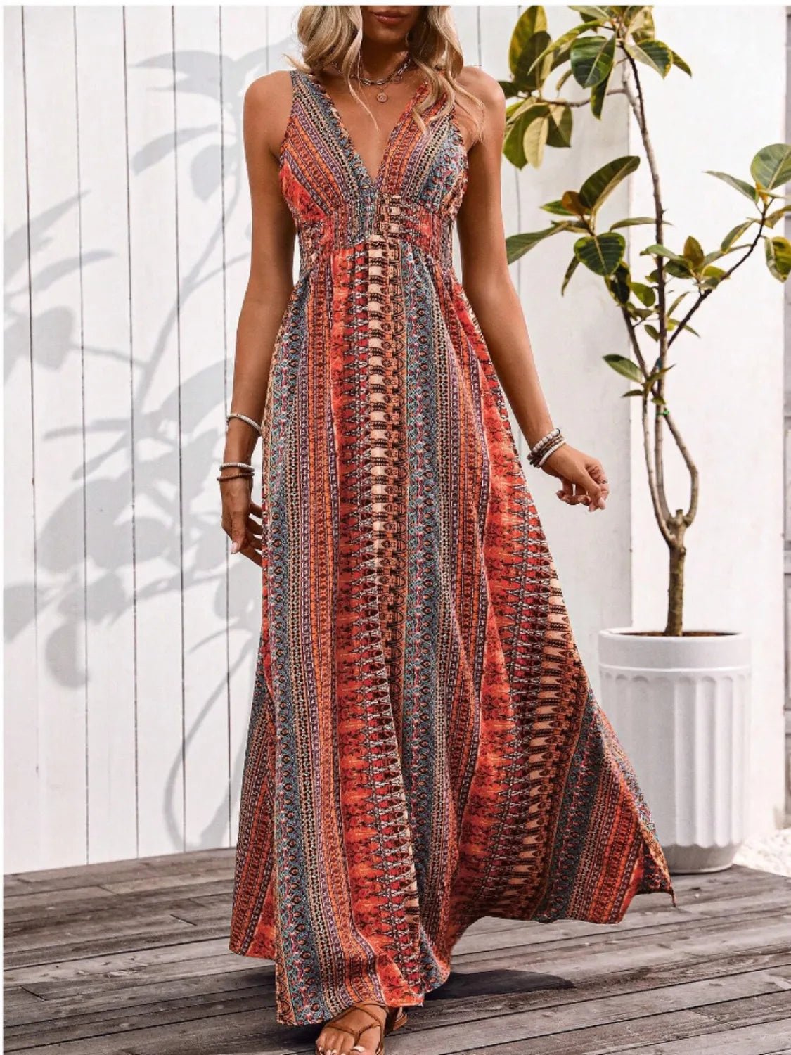 Tied Back Printed Sleeveless Maxi Slit Dress - Goddess Vibes