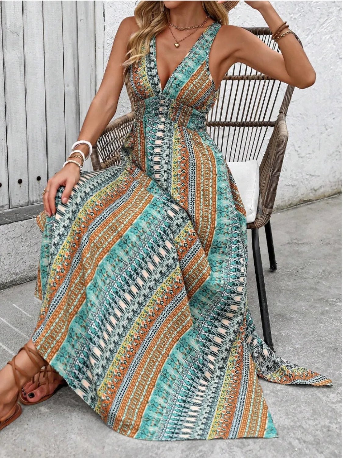 Tied Back Printed Sleeveless Maxi Slit Dress - Goddess Vibes