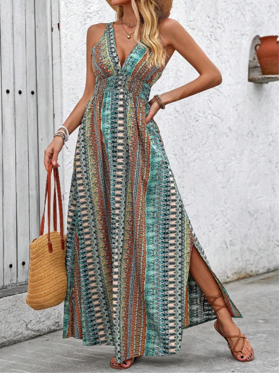Tied Back Printed Sleeveless Maxi Slit Dress - Goddess Vibes