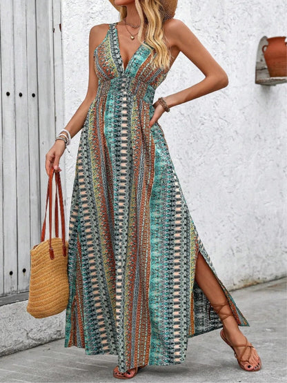 Tied Back Printed Sleeveless Maxi Slit Dress - Goddess Vibes