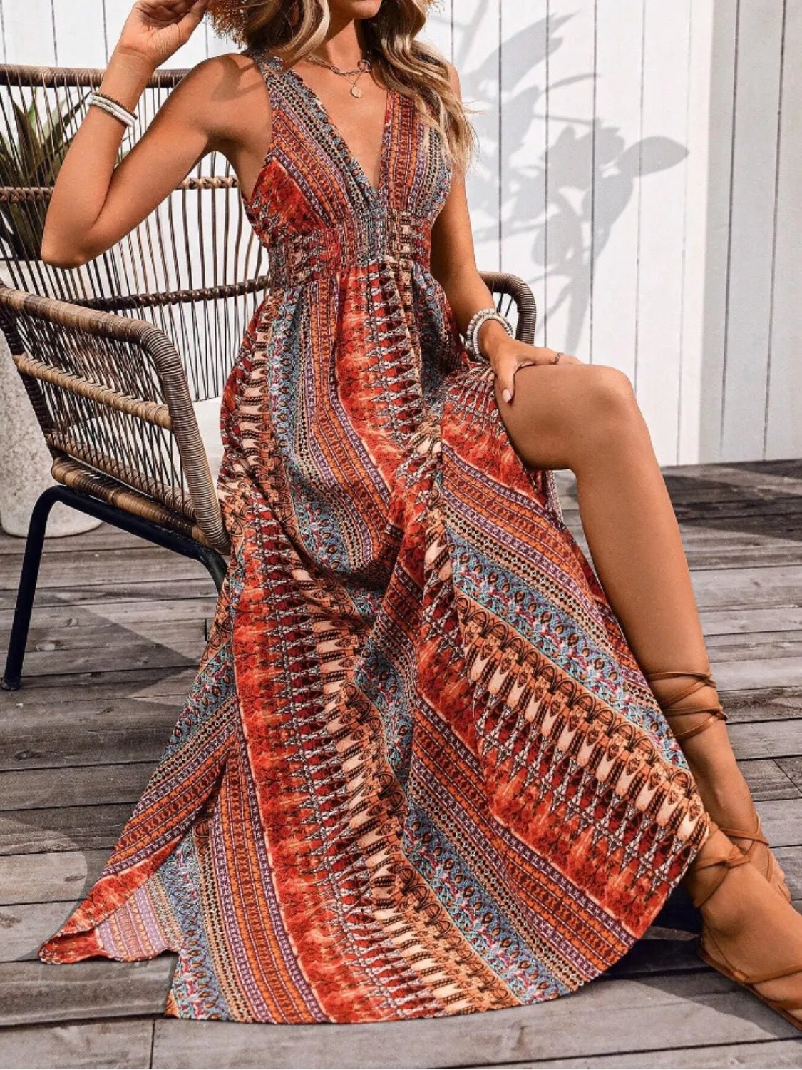 Tied Back Printed Sleeveless Maxi Slit Dress - Goddess Vibes