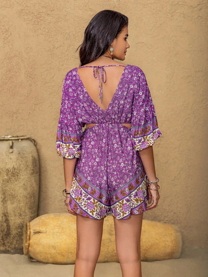 Tied Front Cutout Printed Romper - Goddess Vibes