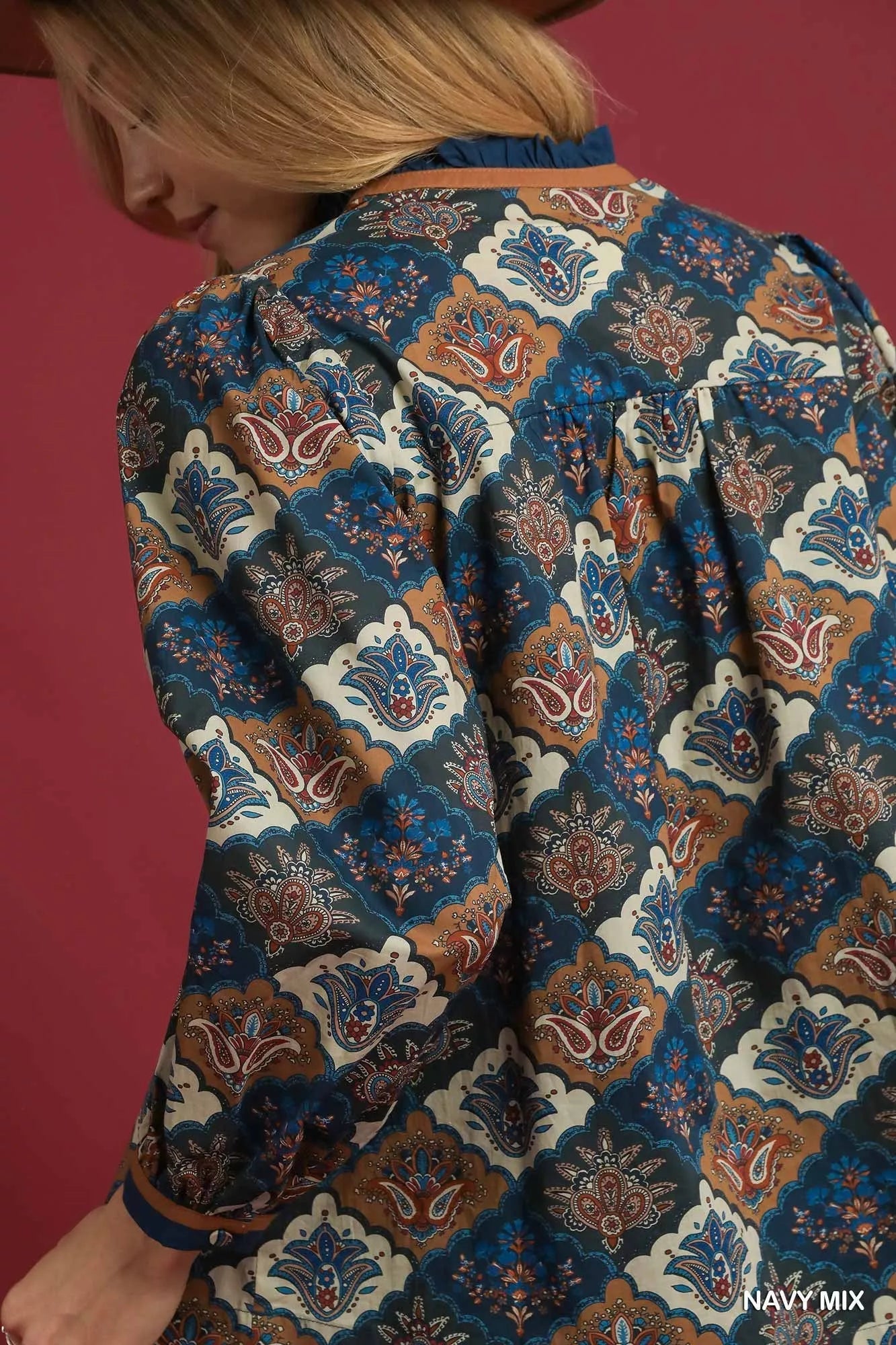 Umgee Abstract Print Ruffle Neck Top - Goddess Vibes