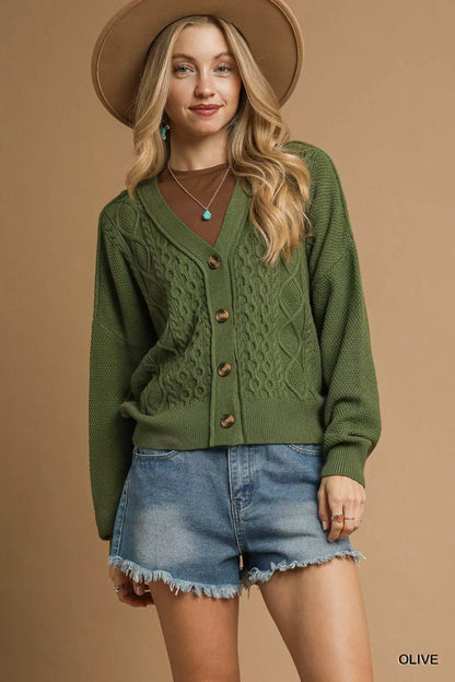 Umgee Chunky Cable Knit V - Neck Button - Up Cardigan - Goddess Vibes