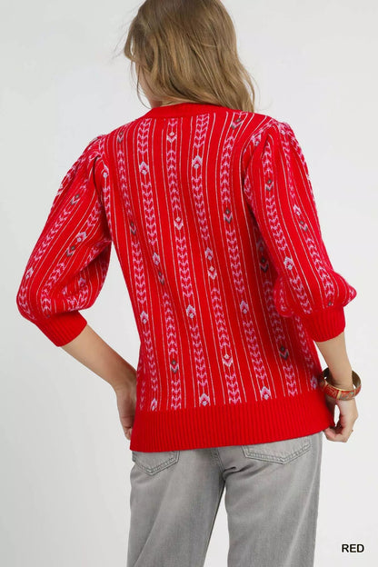 Umgee Jacquard Knit Puff Sleeve Sweater - Goddess Vibes