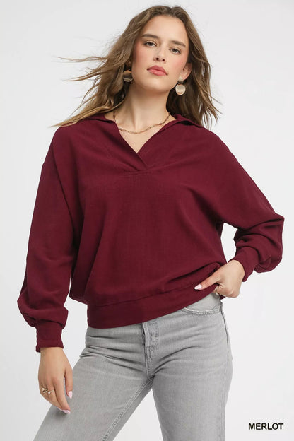 Umgee Linen Long Sleeves Elastic Hem Blouse - Goddess Vibes
