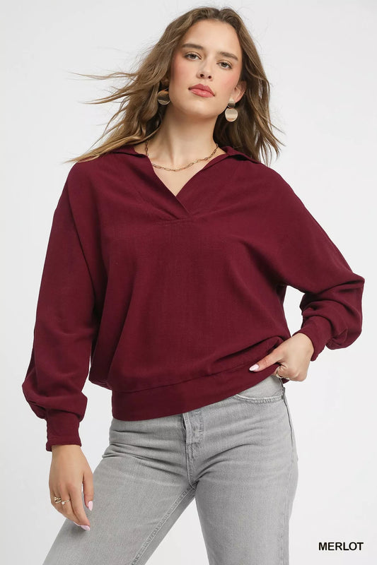 Umgee Linen Long Sleeves Elastic Hem Blouse - Goddess Vibes