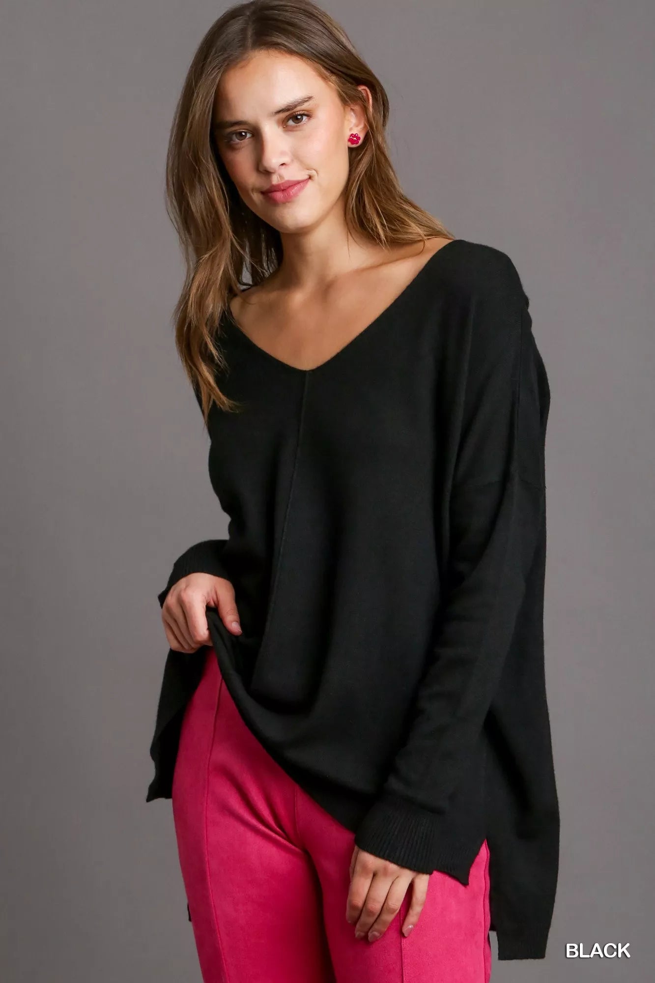 Umgee V - Neck High Low Hem Knit Top with Side Slit - Goddess Vibes
