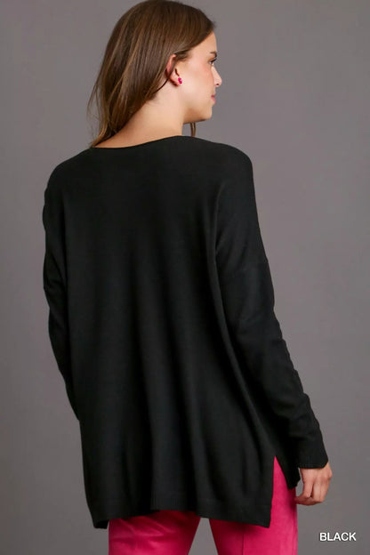 Umgee V - Neck High Low Hem Knit Top with Side Slit - Goddess Vibes