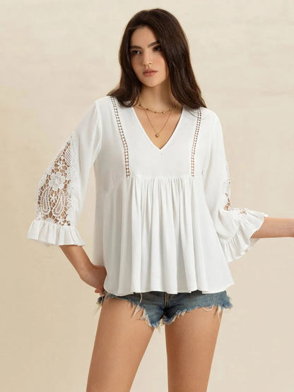 V - Neck Lace Flounce Sleeve Top - Goddess Vibes