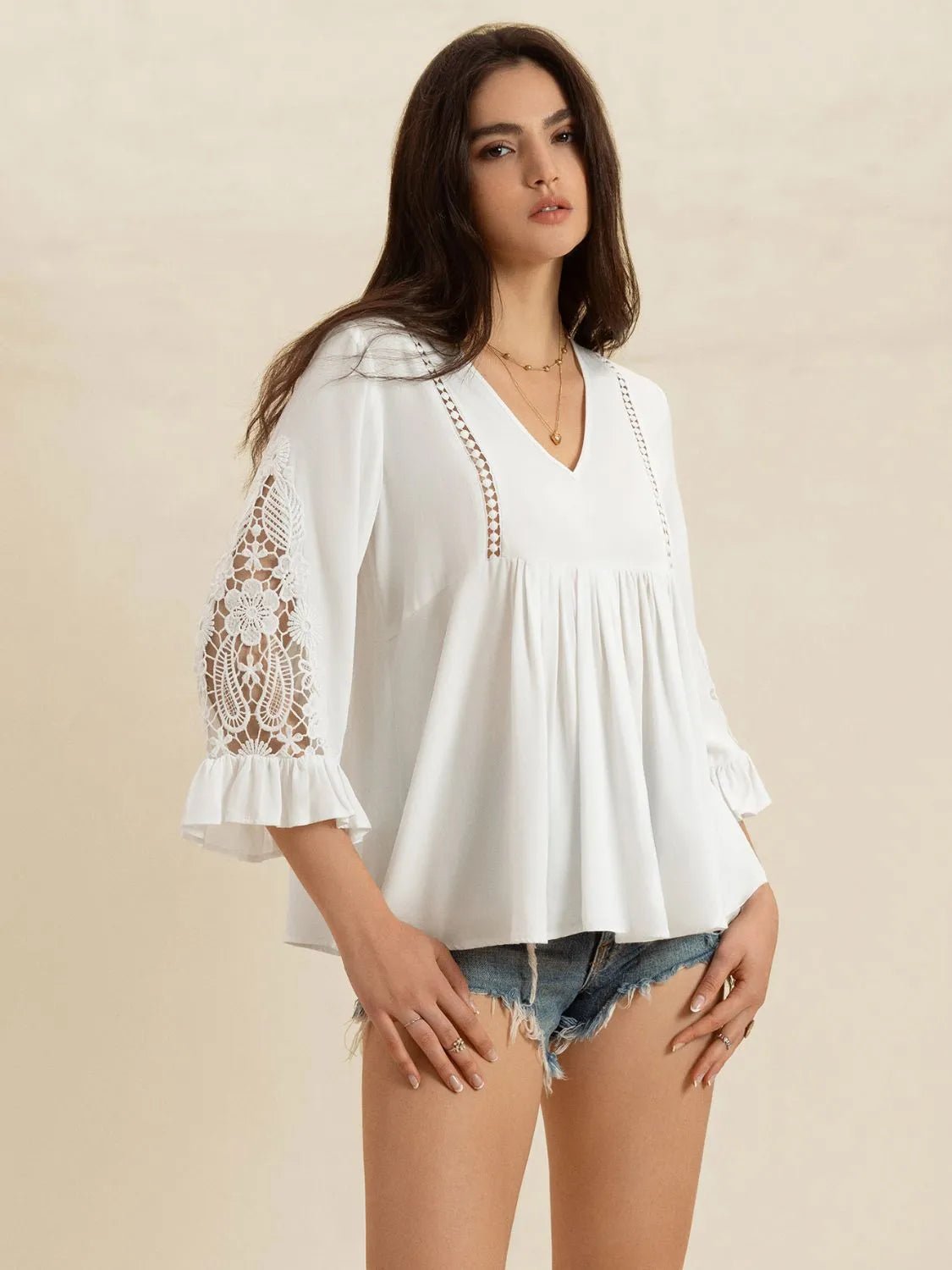 V - Neck Lace Flounce Sleeve Top - Goddess Vibes