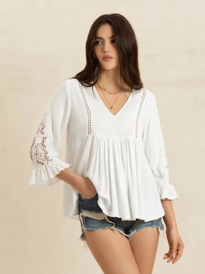 V - Neck Lace Flounce Sleeve Top - Goddess Vibes
