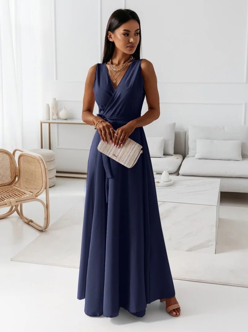V - neck Sleeveless Dress With Belt Summer Fashion Party Club Evening Maxi Dresses For Women Clothing - Goddess Vibes