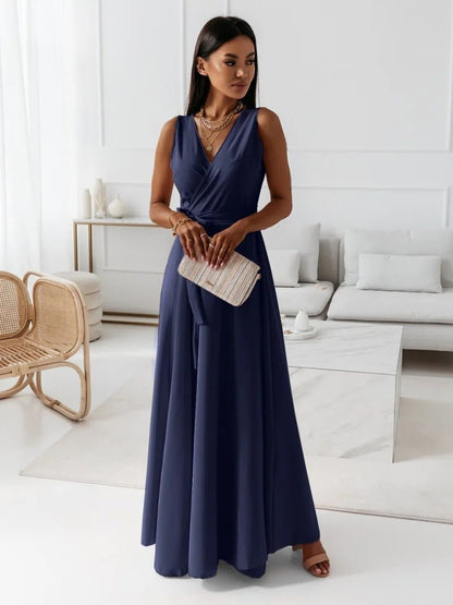 V - neck Sleeveless Dress With Belt Summer Fashion Party Club Evening Maxi Dresses For Women Clothing - Goddess Vibes